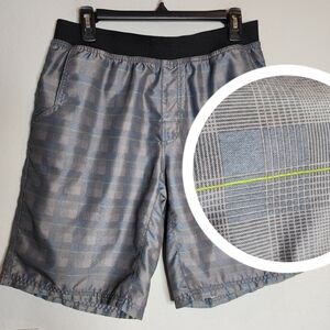Prana Mojo shorts. Pull on stretch waist.  Grey blue green plaid.  Size medium.